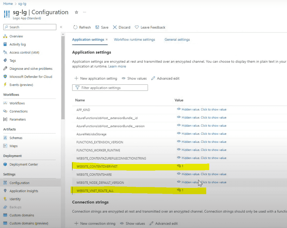 Azure Standard Logic App with Private STorage Account - Logic App application Settings