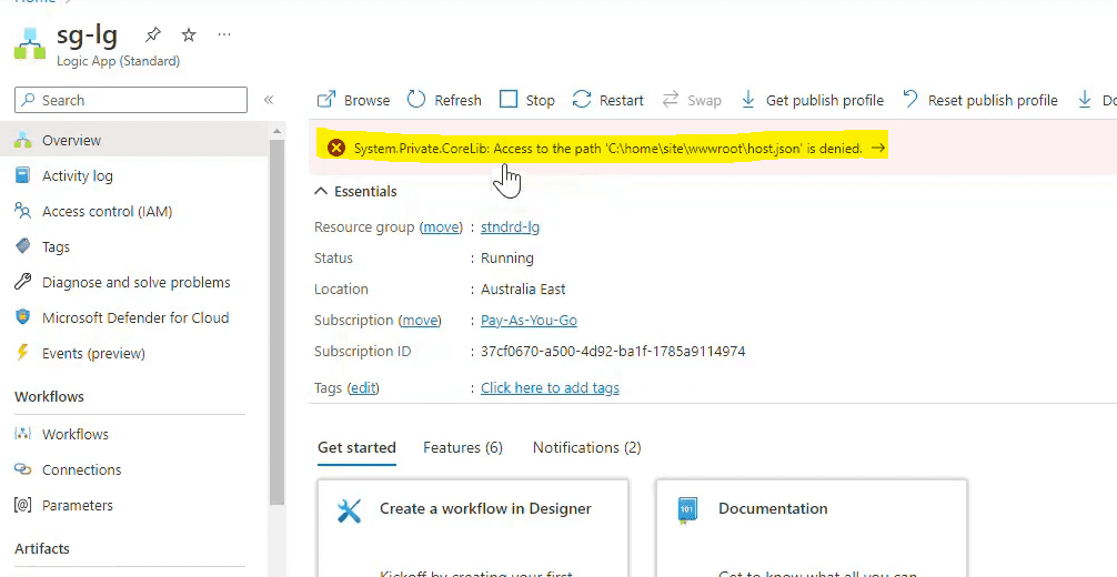 Azure Standard Logic App with Private STorage Account - Logic App Error